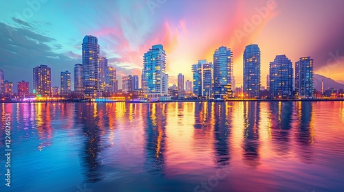 Cityscape at Dusk Reflecting in Calm Water
