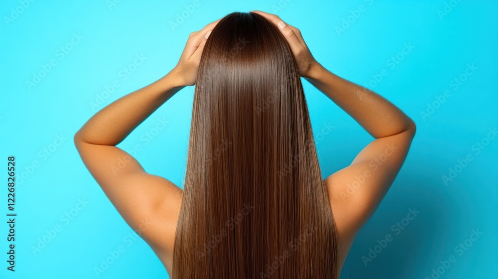 Long, Straight Brown Hair Against a Vibrant Blue Background: A Stunning Back View of Healthy, Shiny Locks. Long, Straight Brown Hair Against a Vibrant Blue Background: A Stunning Back View of Healthy, Shiny Locks.