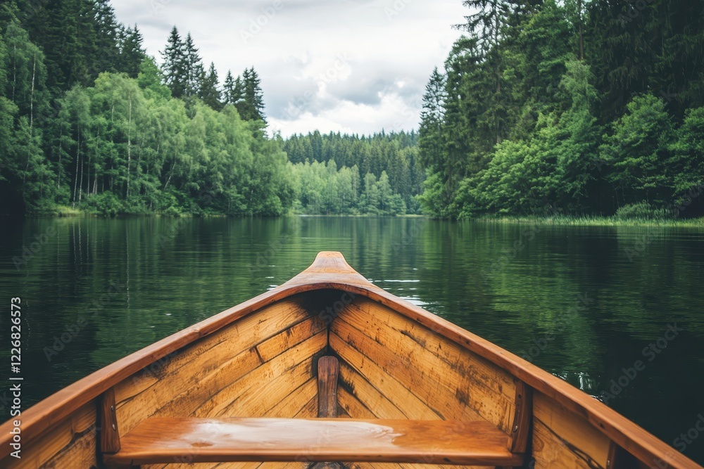 Wooden rowboat on serene forest lake, calm water, peaceful journey Wooden rowboat on serene forest lake, calm water, peaceful journey