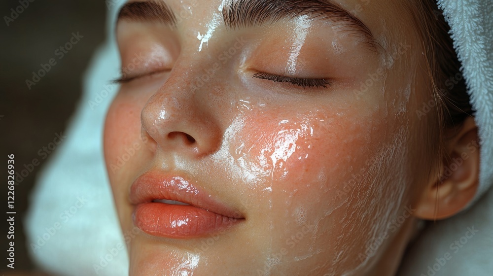 Close-up of a woman with a transparent hydrating facial mask, lying down with her eyes closed, enjoying a skincare treatment in soft sunlight. . Close-up of a woman with a transparent hydrating facial mask, lying down with her eyes closed, enjoying a skincare treatment in soft sunlight. .