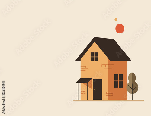 Illustration of a two-storey detached house with a tree, copy space on left side