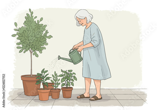 Illustration of an old lady watering plants in pots