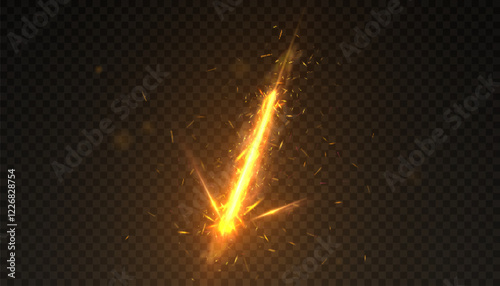 Comet meteorite asteroid with a fiery trail and dust tail. Fall of a celestial body with a bright effect of many sparks and an explosion.
