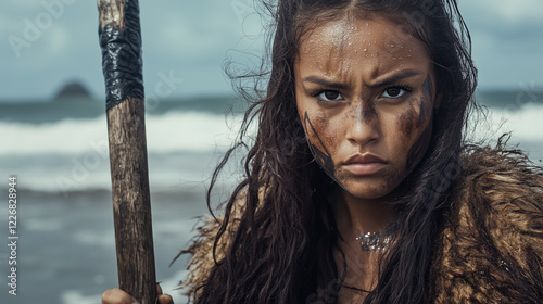 Young Pacific Maori female warrior holding weapon on beach, Waitangi Day celebrations photo