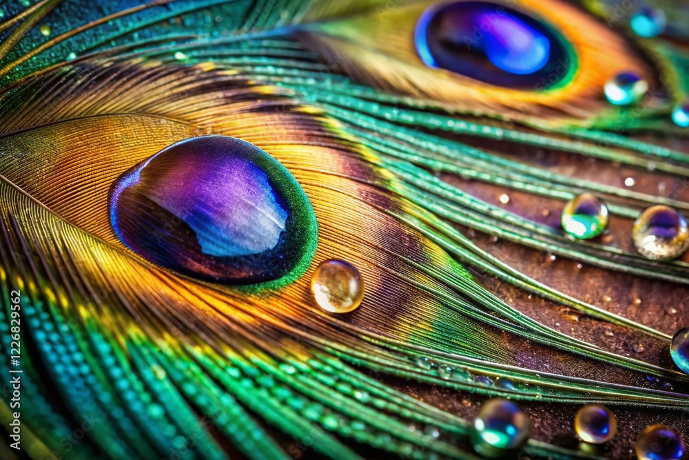 Fototapeta premium Vintage Peacock Tail Close-up with Water Droplets - AI Photo