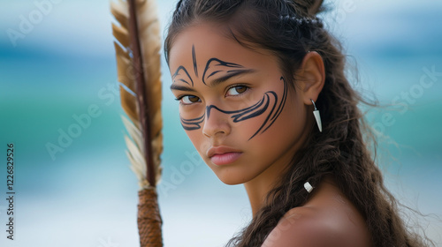 Young Pacific Maori female warrior holding weapon on beach, Waitangi Day celebrations photo