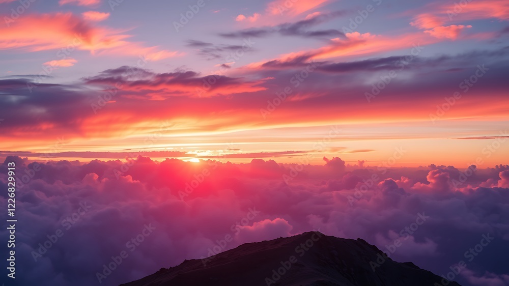 Majestic sunrise over a mountain peak with vibrant pink and orange cloudscape, above a sea of clouds Majestic sunrise over a mountain peak with vibrant pink and orange cloudscape, above a sea of clouds