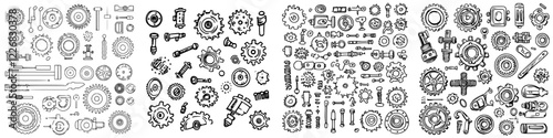 Collection of mechanical gears and tools displayed in an organized manner on a white background