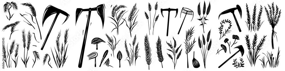 Detailed collection of farming tools and cereal plants in a diverse agricultural setting under clear skies during daylight hours