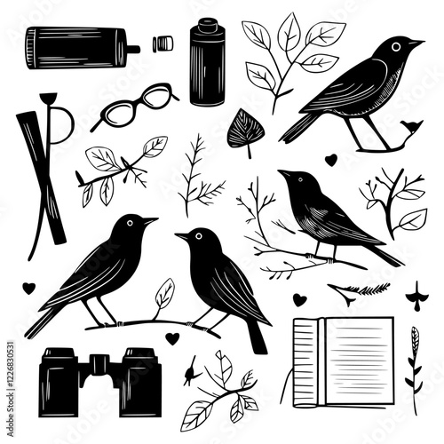 Various bird illustrations with nature elements and tools for birdwatching