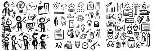 Creative doodles of people engaging in various activities related to brainstorming and teamwork in a workspace setting