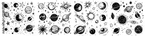 Cosmic patterns featuring stars, planets, and celestial bodies in a decorative monochromatic style