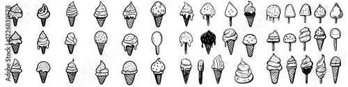 Collection of hand-drawn ice cream cones showcasing various flavors and styles in black and white design