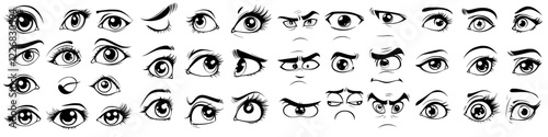 Various illustrations of eyes showcasing different expressions and emotions collected in a grid format for artistic exploration