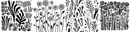 Vibrant botanical patterns featuring hand-drawn flowers and foliage in black and white on a creative background