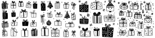Collection of hand-drawn gift boxes in various shapes and styles for festive celebrations and special occasions