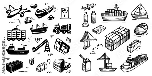 Sketch collection depicting various modes of transportation and shipping at a busy port