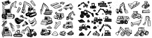 Construction equipment illustrations featuring various machinery and tools for excavation and heavy lifting tasks