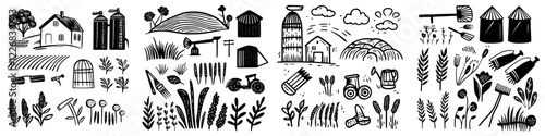 Farm elements and agricultural tools represented in a monochrome illustration showcasing rural life