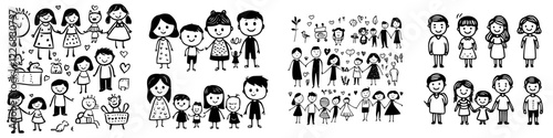 Colorful collection of hand-drawn characters celebrating friendships and family bonds in joyful settings