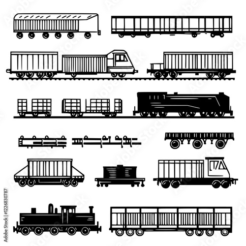 Various train silhouettes showcasing different types of rail vehicles and designs in a monochrome layout