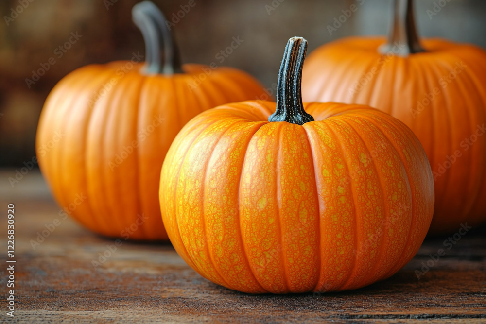 Three Orange Pumpkins Resting On Rustic Wood Three Orange Pumpkins Resting On Rustic Wood
