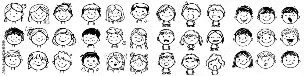 Collection of cheerful and expressive cartoon faces depicting children in various moods and emotions Collection of cheerful and expressive cartoon faces depicting children in various moods and emotions
