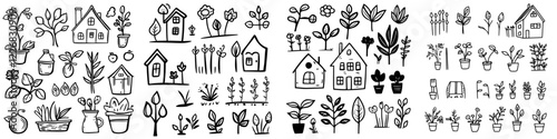 Various hand-drawn plant and house designs displayed in a creative black and white layout filled with botanical art