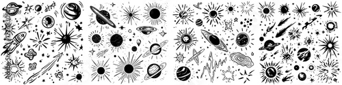 Creative black and white illustration of various celestial bodies and space elements