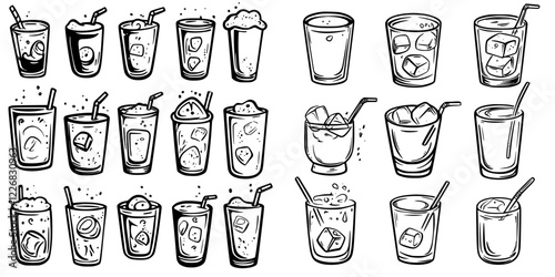 Collection of sketched beverage illustrations showcasing various drinks with ice and straws in a minimalist style