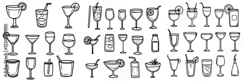 Collection of hand-drawn cocktail illustrations featuring diverse beverages in various glassware styles