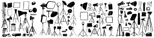 Detailed collection of photography studio equipment displayed in a creative layout for professional use
