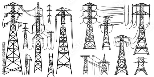 Various designs of high-voltage power lines and transmission towers in a utility landscape