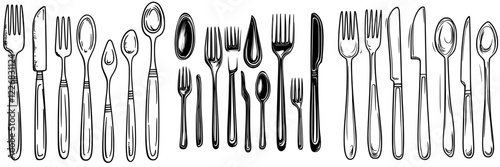 Various types of cutlery displayed in a straight line for a dining setting or culinary illustration