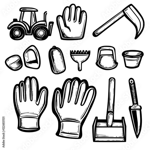 Gardening tools and equipment including tractor, gloves, and various implements for planting and maintenance
