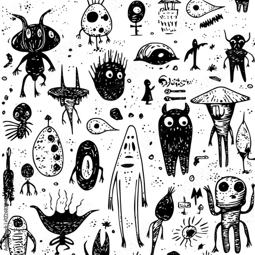 Unique collection of whimsical and abstract creatures in black and white illustration