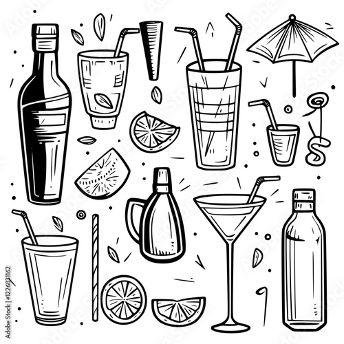 Variety of drinks and cocktails displayed in a creative sketch style for summer events and celebrations