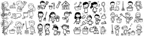 Children engaged in various house chores and activities at home, learning responsibility in a fun way