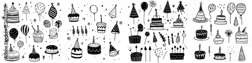 Celebration decorations including cakes, balloons, and party hats for a festive event