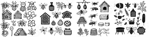 Collection of hand-drawn bee and flower illustrations showcasing nature's essential pollinators and their habitats