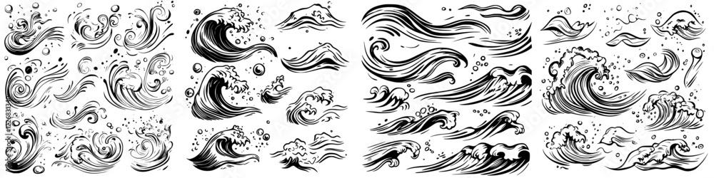 Black and white illustrations of various wave designs showcasing fluid movements and textures in ocean waves Black and white illustrations of various wave designs showcasing fluid movements and textures in ocean waves