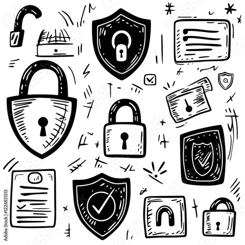 Artistic sketches of locks, security shields, and related symbols represent safeguarding and protection concepts in a digital context