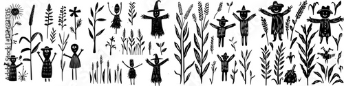 Illustration of whimsical characters among crops in a vibrant agricultural landscape during sunny weather