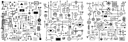 Intricate black and white line drawing featuring diverse technology and data elements arranged in a complex pattern