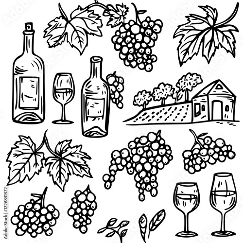 Illustration of various grape varieties, wine bottles, and vineyard landscape evoking a rustic charm