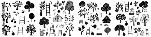 Black and white illustrations depicting diverse trees, ladders, and houses in a whimsical garden layout