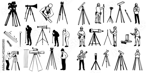 Various surveying and measurement professionals engaged in diverse activities with instruments in a construction environment