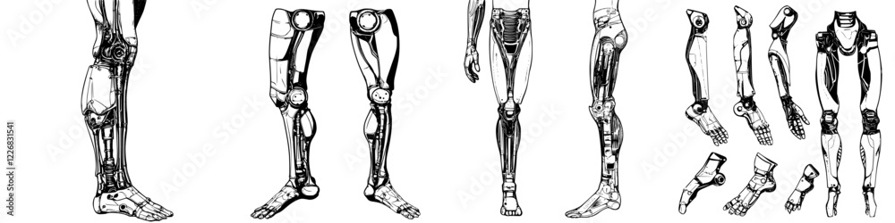 Detailed sketches of robotic limbs showcasing joints and movements in a technical design format Detailed sketches of robotic limbs showcasing joints and movements in a technical design format