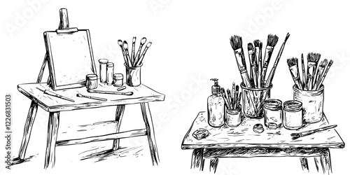 Artistic workspace filled with brushes, paint, and creative supplies captures the essence of artistic preparation in a studio setting