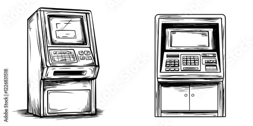 Two different styles of automated teller machines in a sketchy illustration style